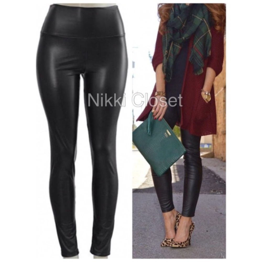 Black Faux Leather Legging High Rise Waisted - Picture 3 of 3